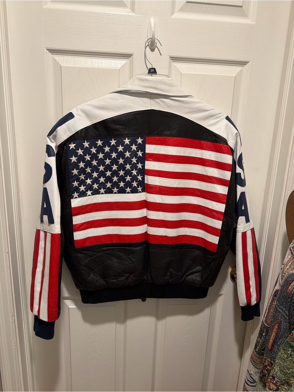 Men's USA Flag Leather Bomber Jacket - Red, White & Blue